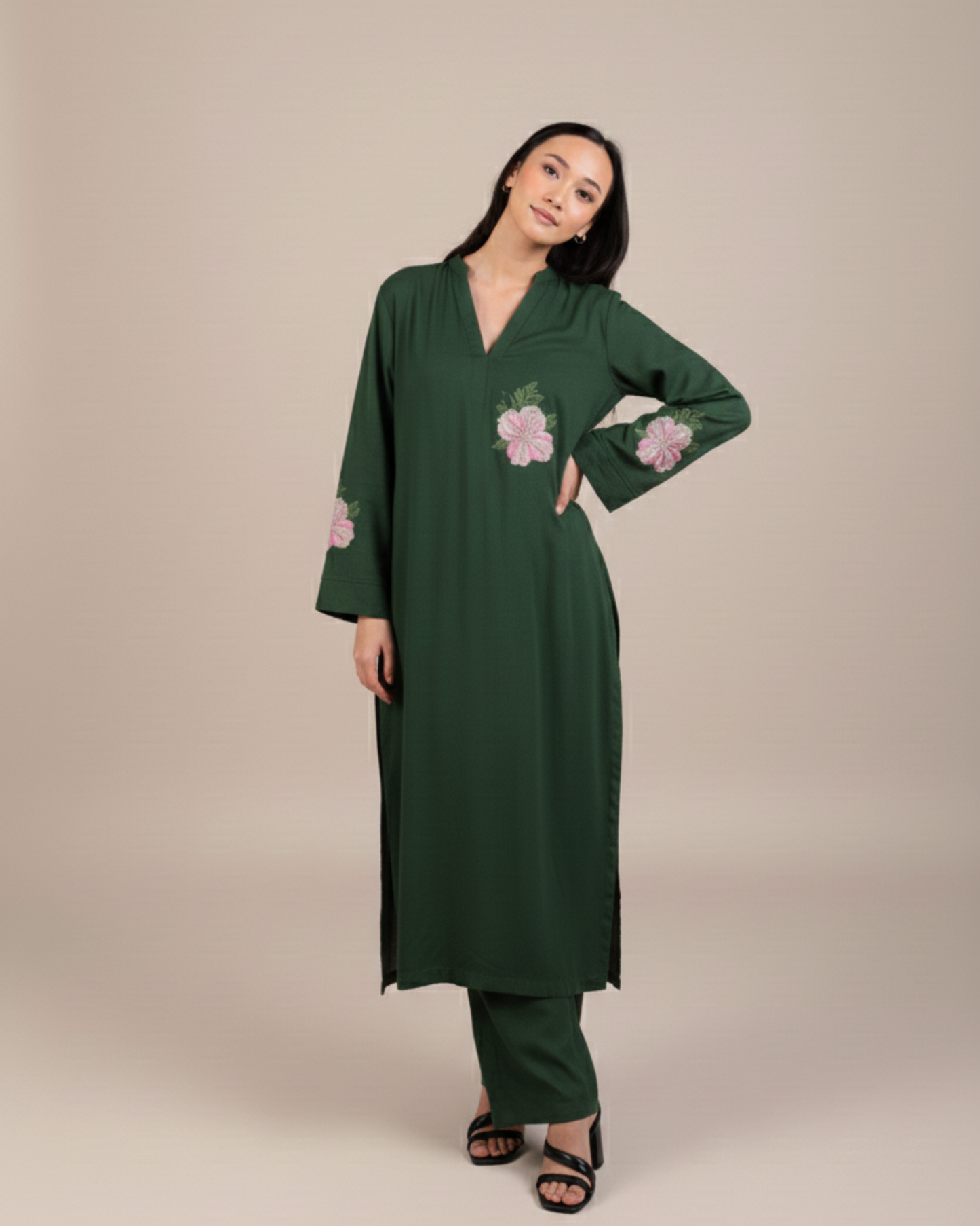Green Floral Motif Embroidered 2PC Stitched Shirt & Trousers - JB036