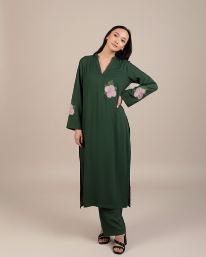 Green Floral Motif Embroidered 2PC Stitched Shirt & Trousers - JB036