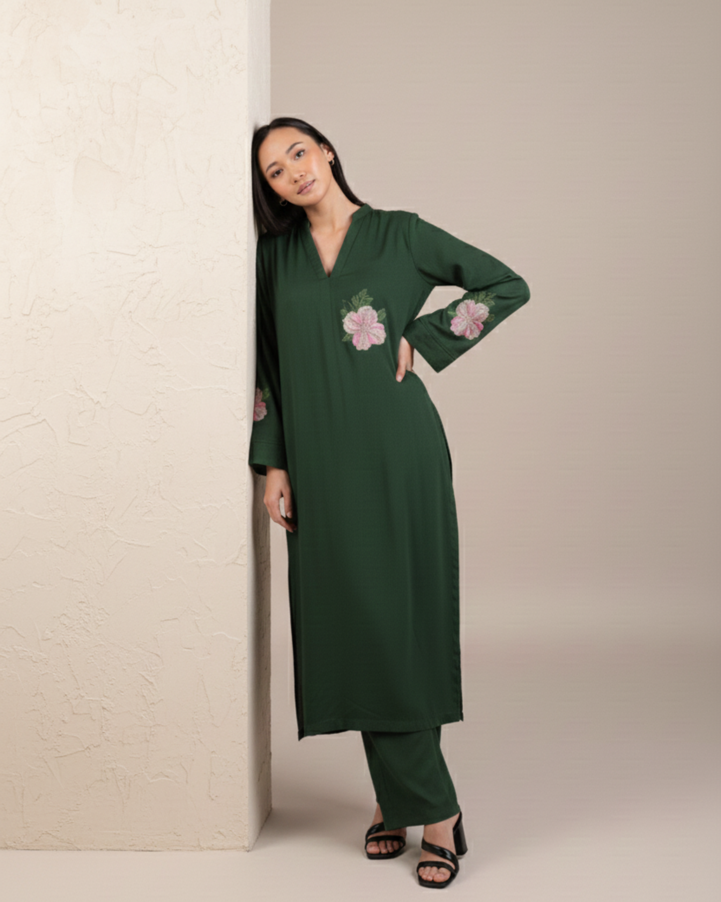 Green Floral Motif Embroidered 2PC Stitched Shirt & Trousers - JB036