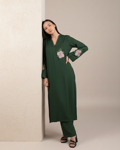 Green Floral Motif Embroidered 2PC Stitched Shirt & Trousers - JB036