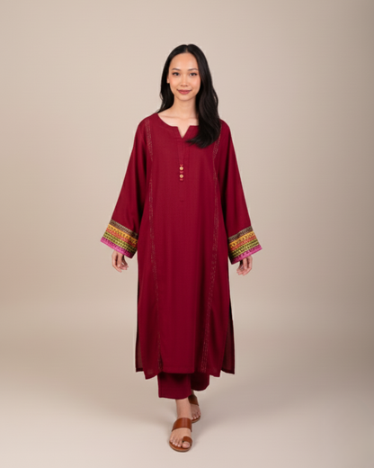 Maroon Embroidered 2PC Stitched Shirt & Trousers - JB038