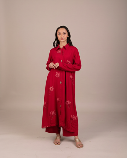 Red Floral Motif 2PC Stitched Shirt & Trousers - JB034