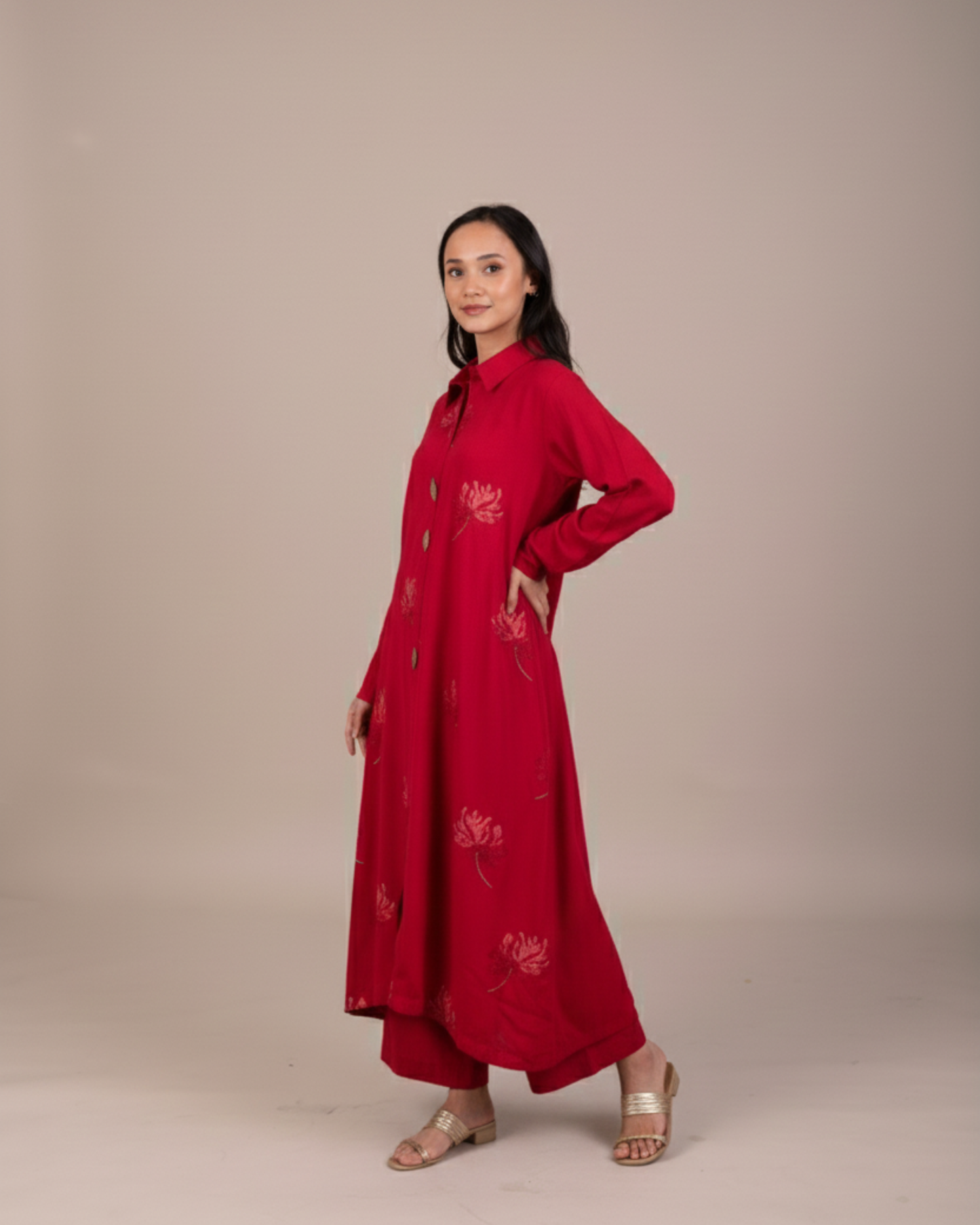 Red Floral Motif 2PC Stitched Shirt & Trousers - JB034