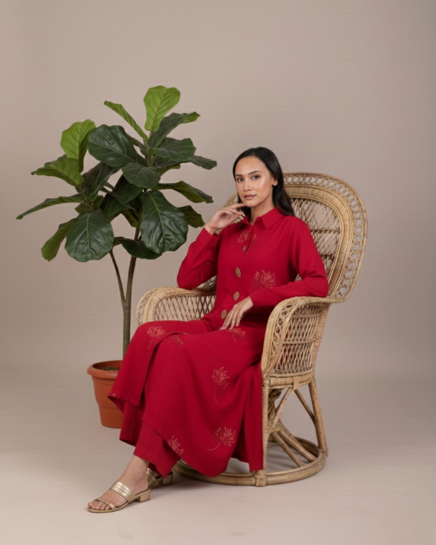 Red Floral Motif 2PC Stitched Shirt & Trousers - JB034