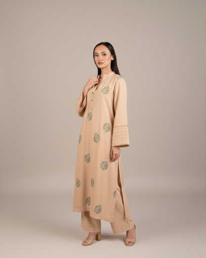 Beige Leaf Motif 2PC Shirt & Trousers - JB033