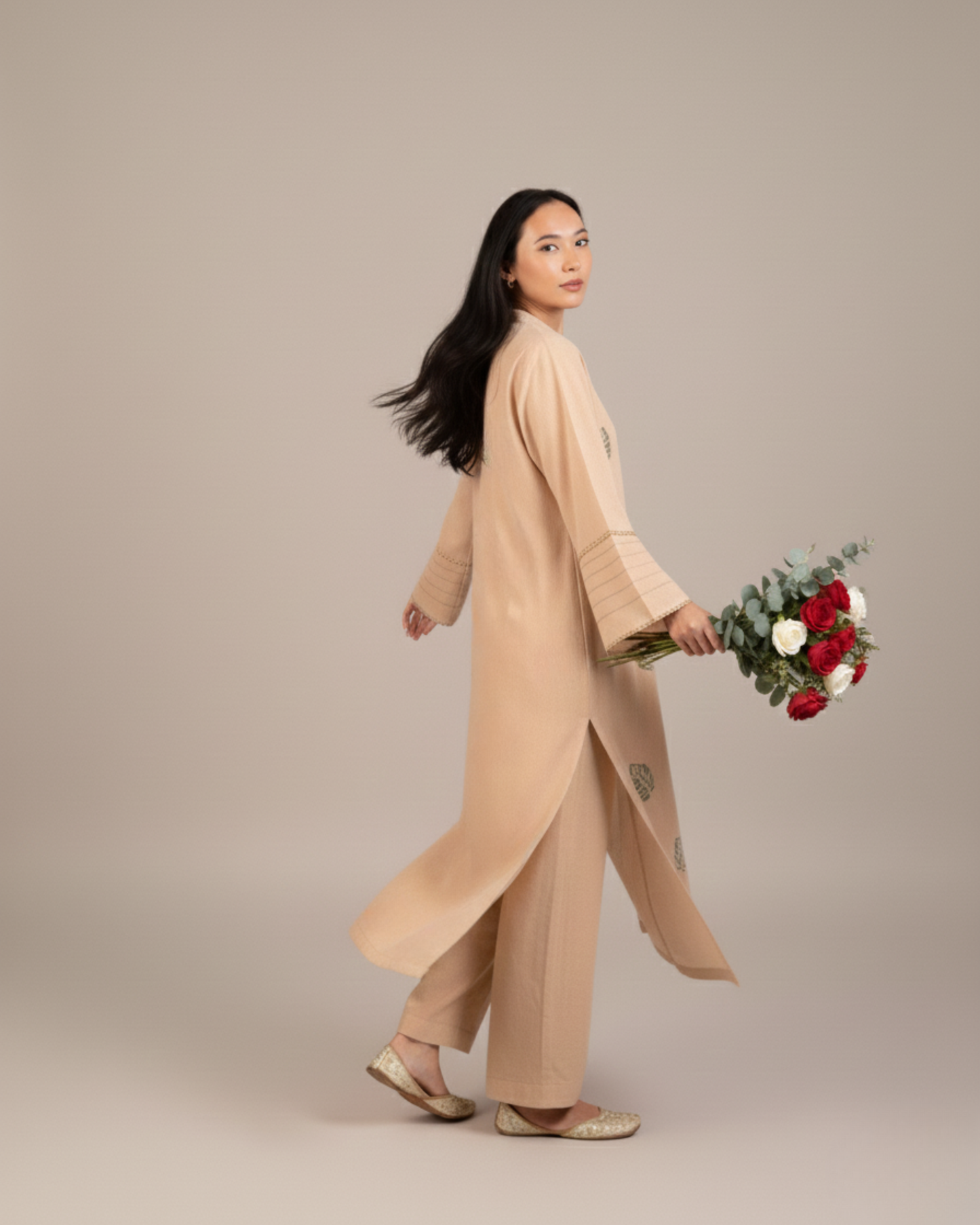 Beige Leaf Motif 2PC Shirt & Trousers - JB033
