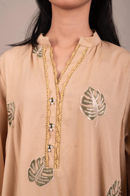 Beige Leaf Motif 2PC Shirt & Trousers - JB033