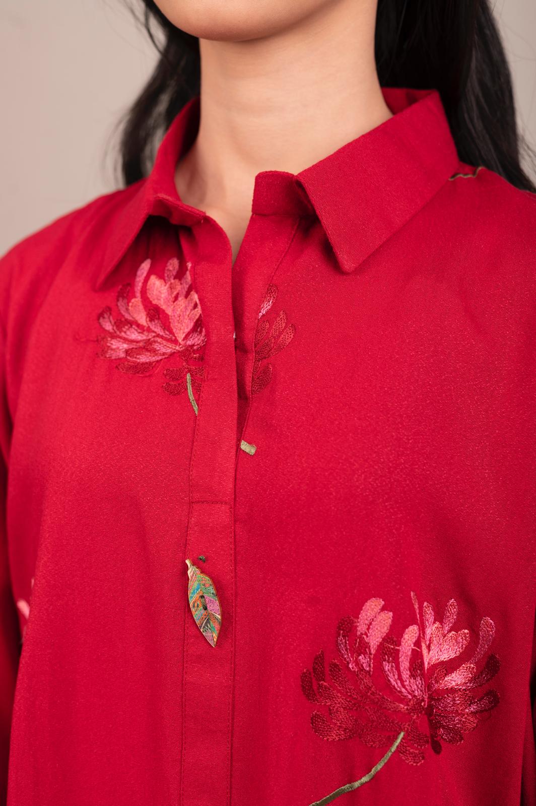 Red Floral Motif 2PC Stitched Shirt & Trousers - JB034